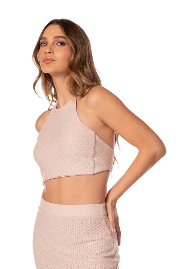 I'M IVORY MACRAME KNIT HALTER TOP